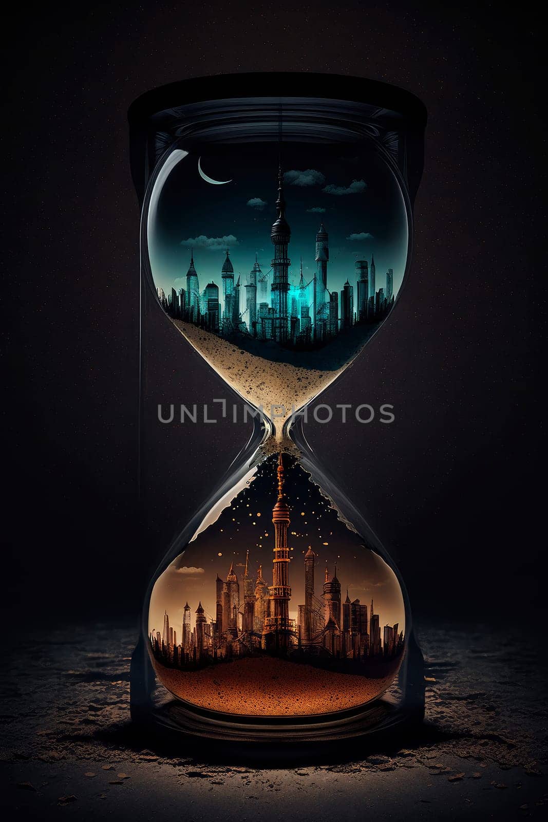 hourglass with the image of the city. by yanadjana