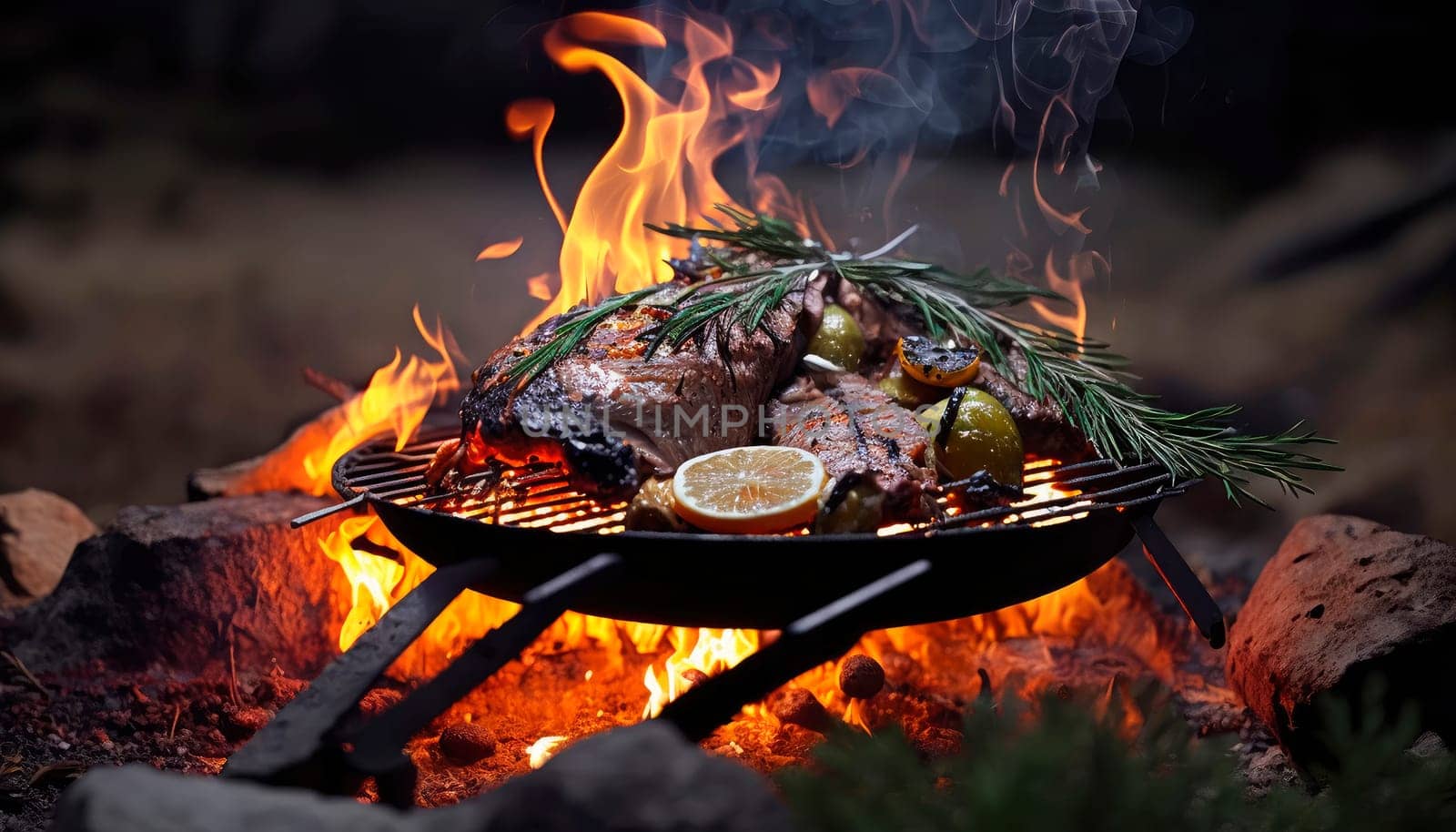 steak with vegetables is fried on coals on a black background. by yanadjana