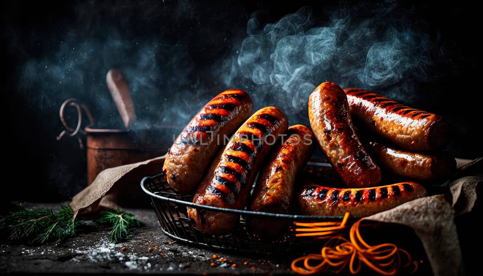 fried sausages on the grill. by yanadjana
