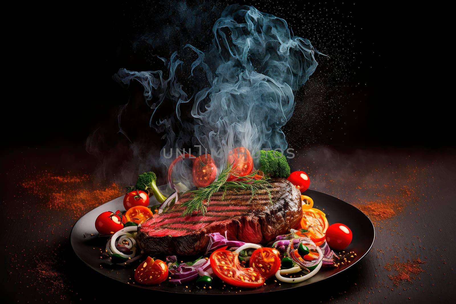 beef steak, product studio photo, dark black background, fresh tomato salad with onion, by yanadjana