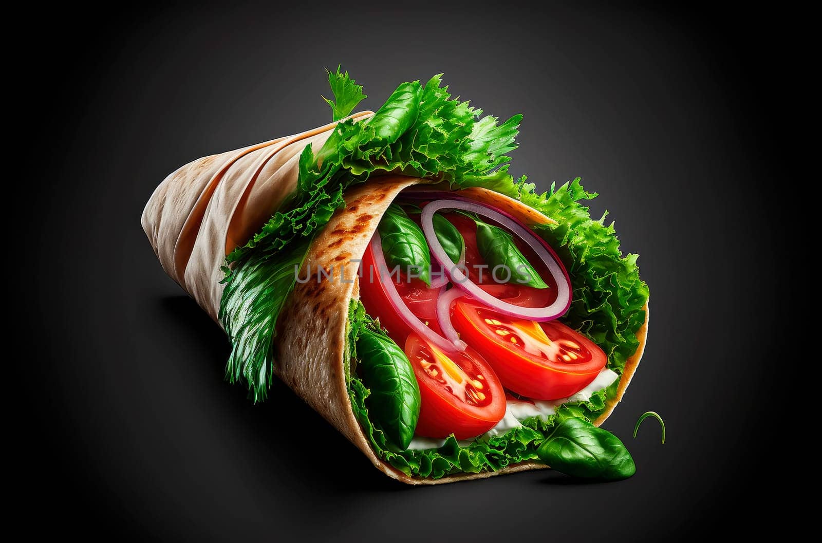 kebab wrap, product studio photo, dark black background, fresh salad tomato onion, by yanadjana