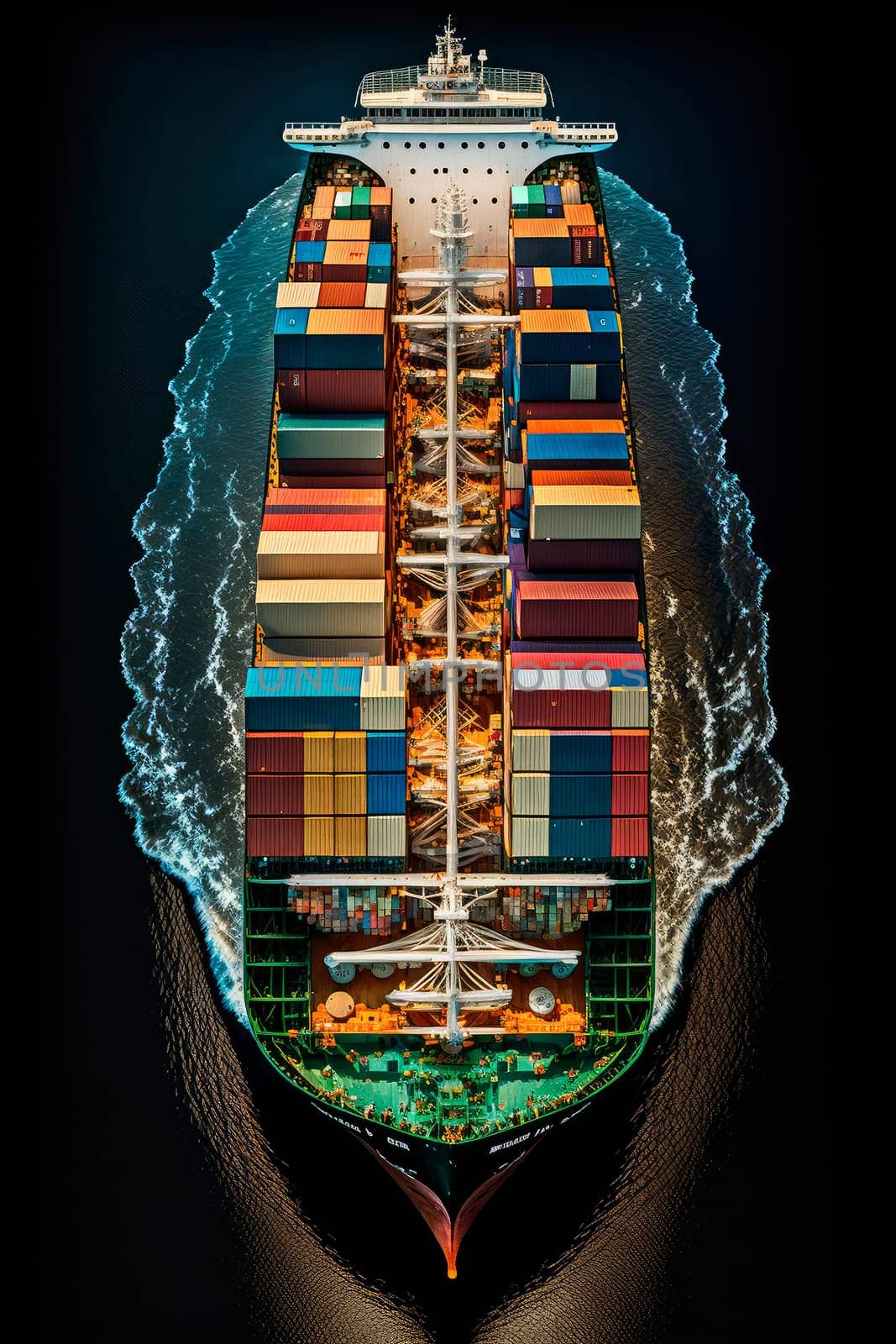 Top view of a container ship freight transportation by a container ship on the high sea. Generative AI,