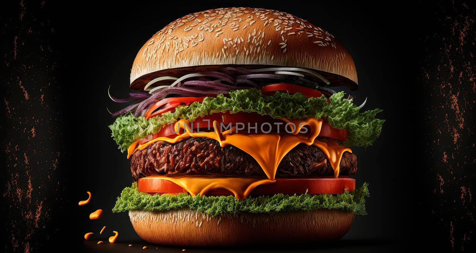 burger, product studio photo, dark black background, fresh tomato and onion salad, by yanadjana