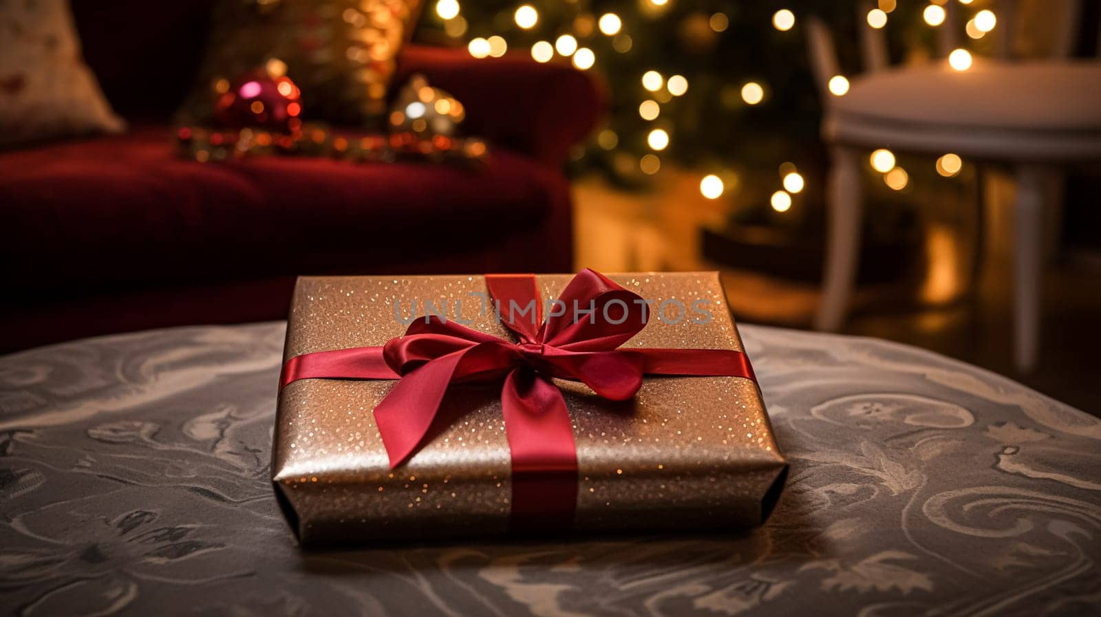 Christmas gift box near cosy fireplace in the English country cottage, winter holidays, boxing day celebration and holiday shopping inspiration