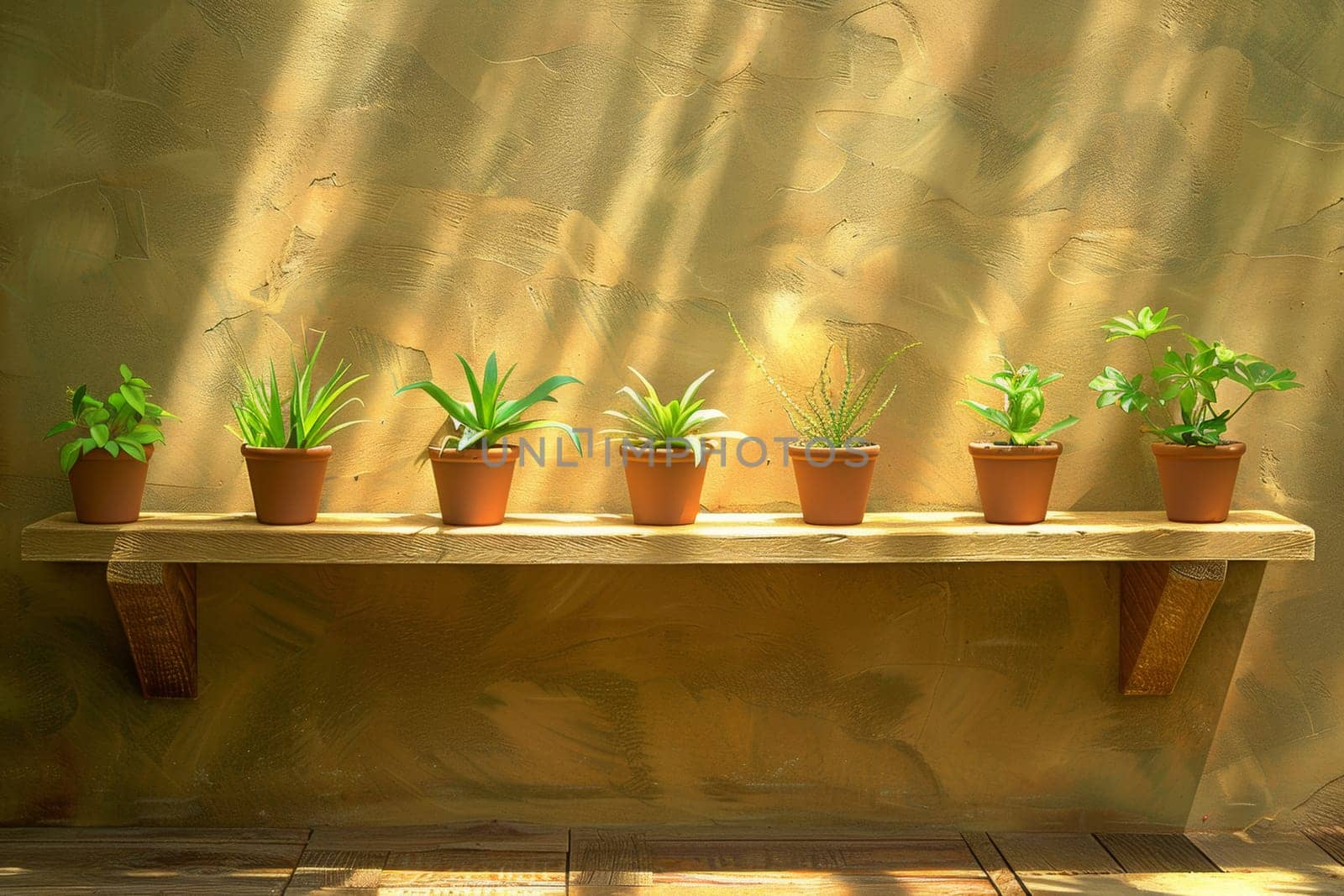 A shelf with five potted plants on it in a sunlit room