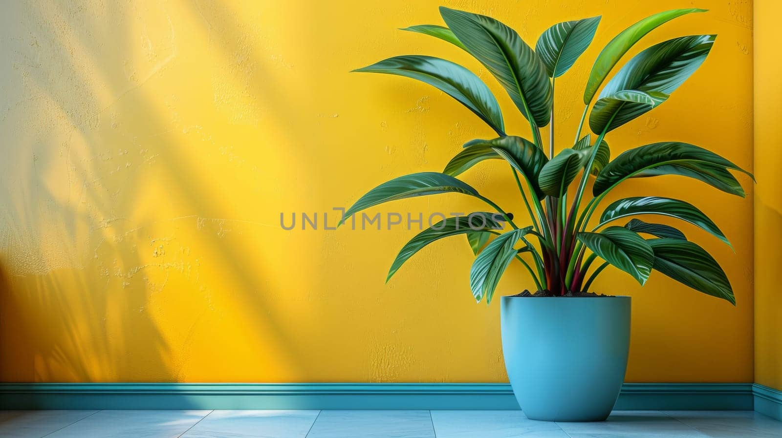A large plant in a blue vase on the floor next to yellow wall