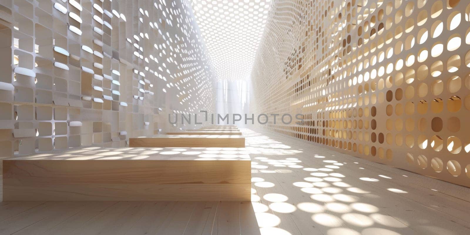 A long hallway with white dots on the wall and benches