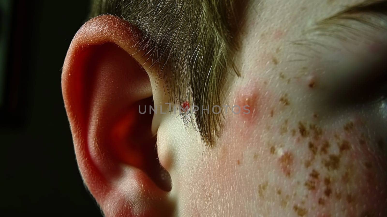 A close up of a child's ear with red spots on it