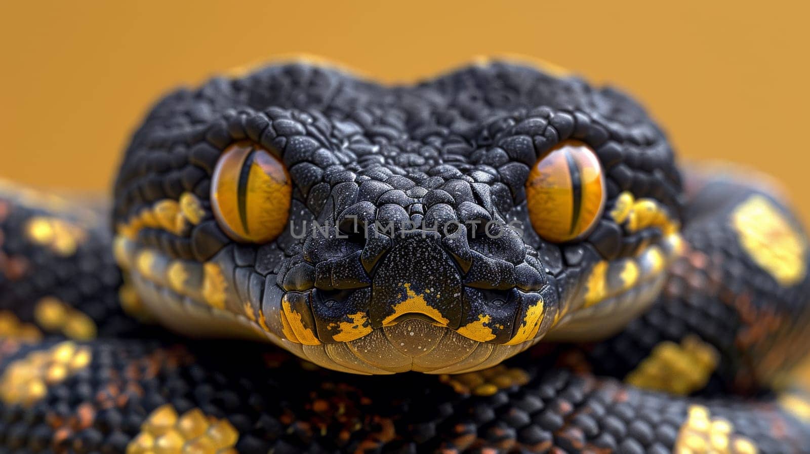 A close up of a black and yellow snake with big eyes