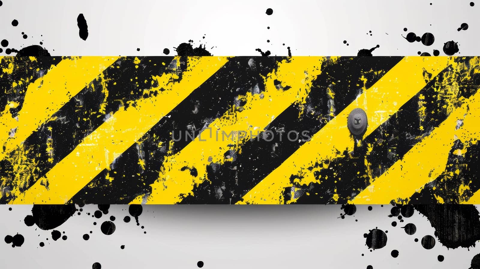 A black and yellow striped warning sign with splatters of paint