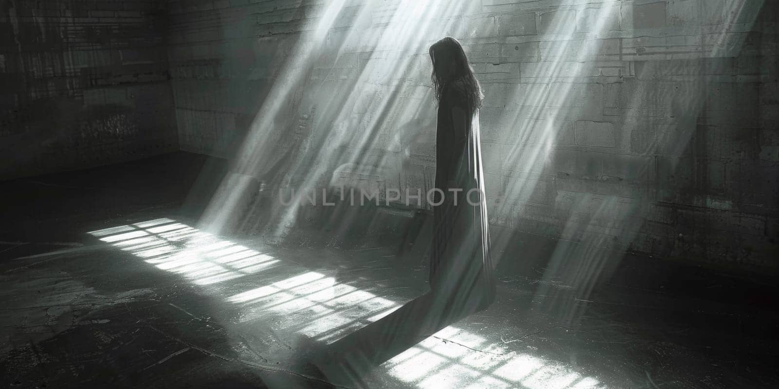 A black and white photo of a tall pillar in an empty room