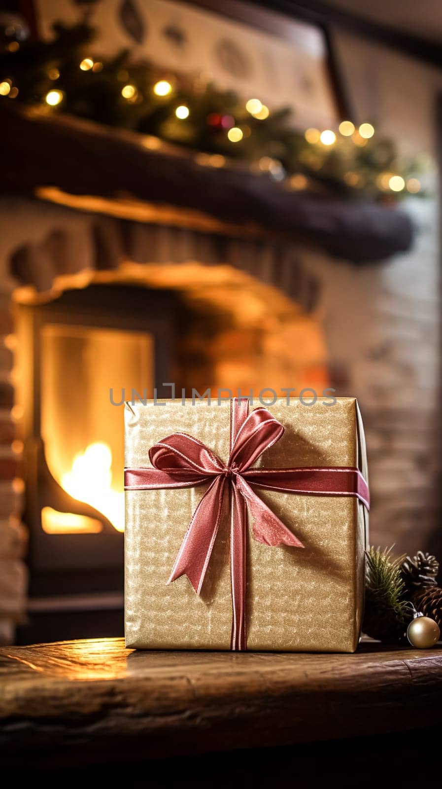 Christmas gift box near cosy fireplace in the English country cottage, winter holidays, boxing day celebration and holiday shopping by Anneleven