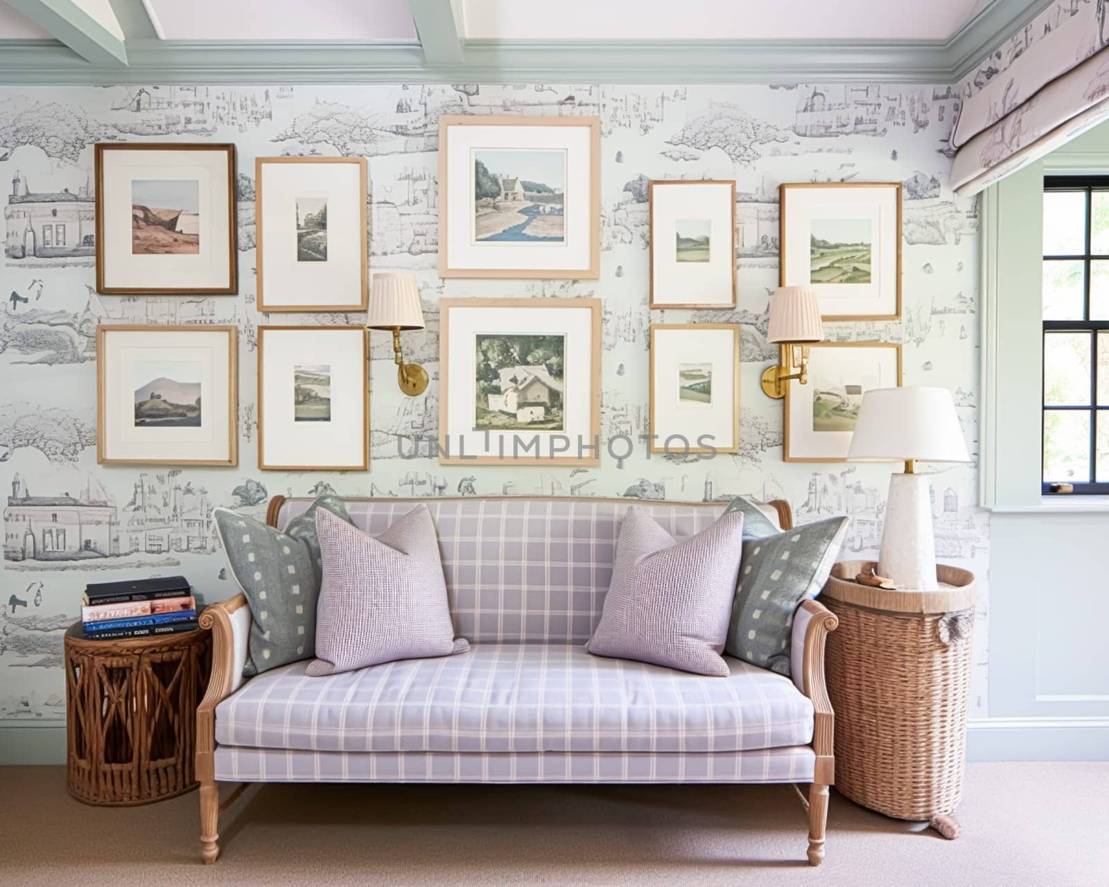 Living room gallery wall, home decor and wall art, framed art in the English country cottage interior, room for diy printable artwork mockup and print shop idea