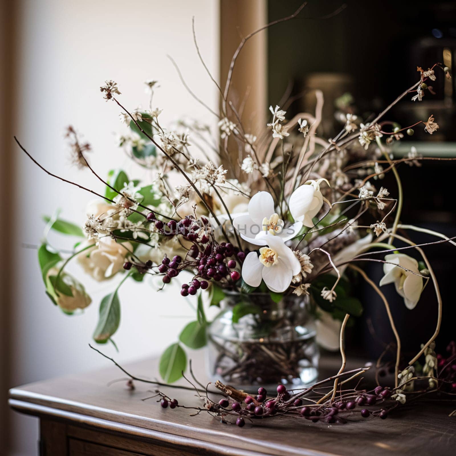 Beautiful floral arrangement with winter, autumn or early spring botanical plants and flowers