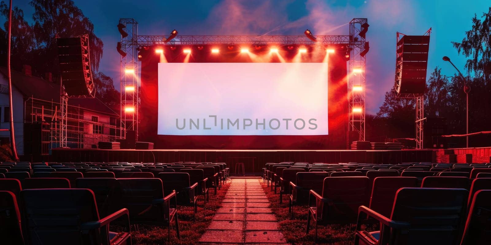 blank white screen outdoors. colorful bean bags in green grass park. outdoor cinema, big screen show. ai generated