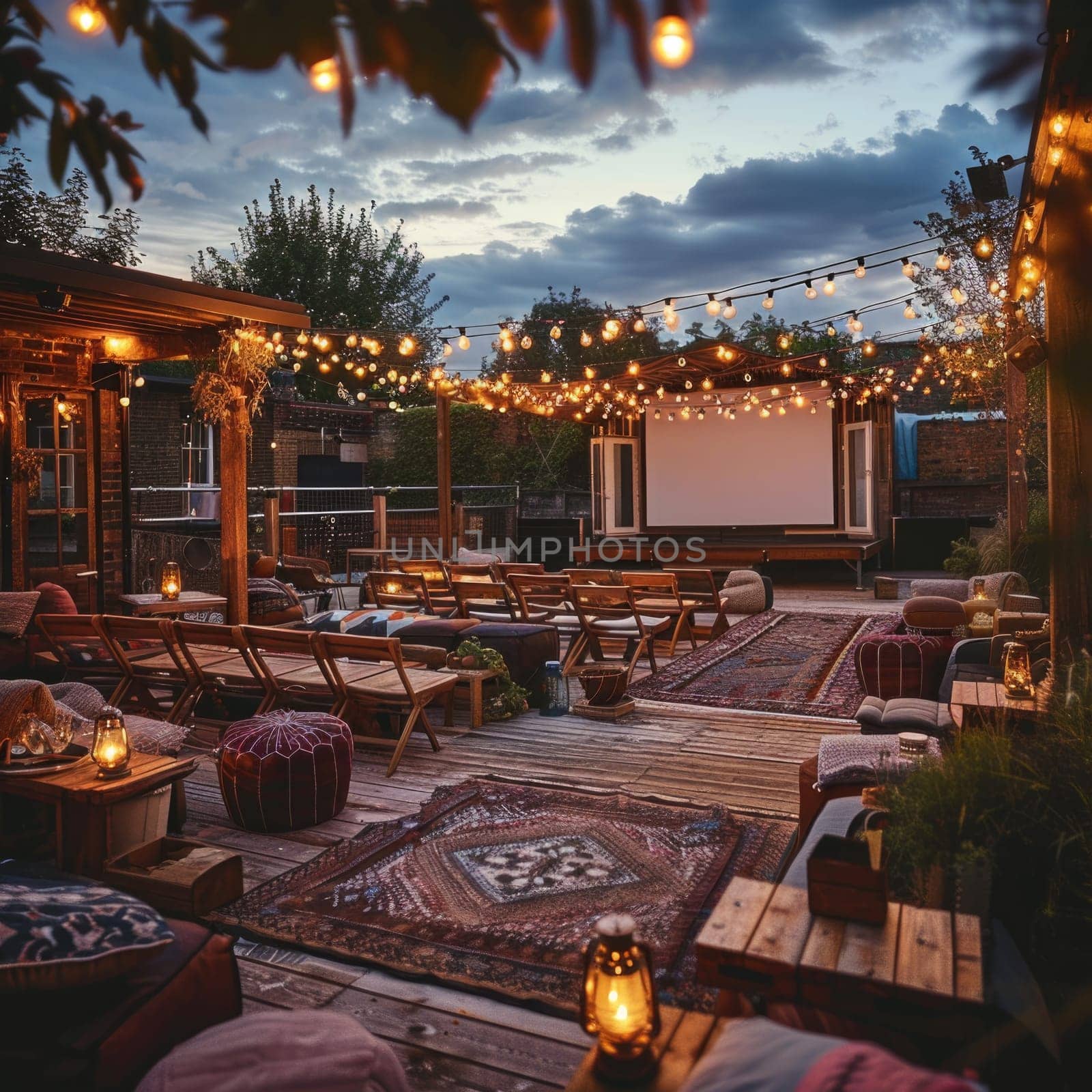 blank white screen outdoors. colorful bean bags in green grass park. outdoor cinema, big screen show. ai generated