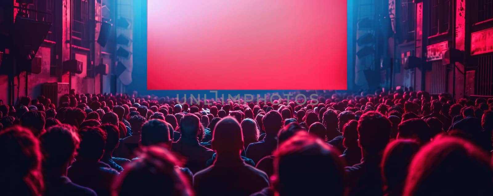 people watching outdoor cinema, big screen show. view from behind. ai generated