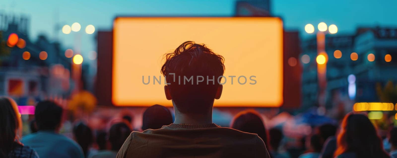 people watching outdoor cinema, big screen show. view from behind. ai generated by Desperada