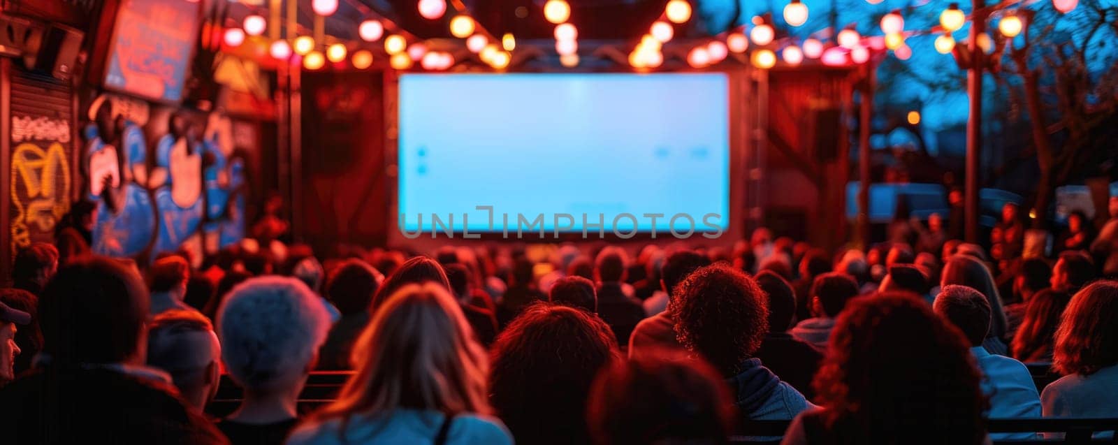 people watching outdoor cinema, big screen show. view from behind. ai generated