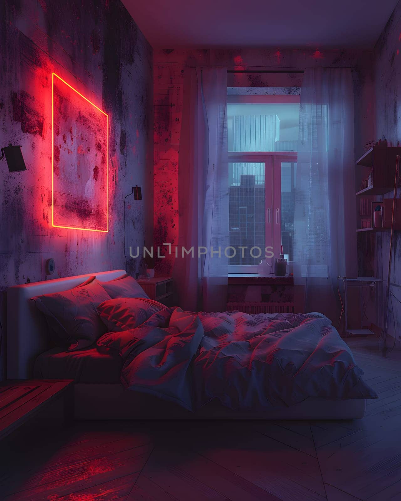 A bedroom with a purple bed and magenta neon sign on the wall by Nadtochiy