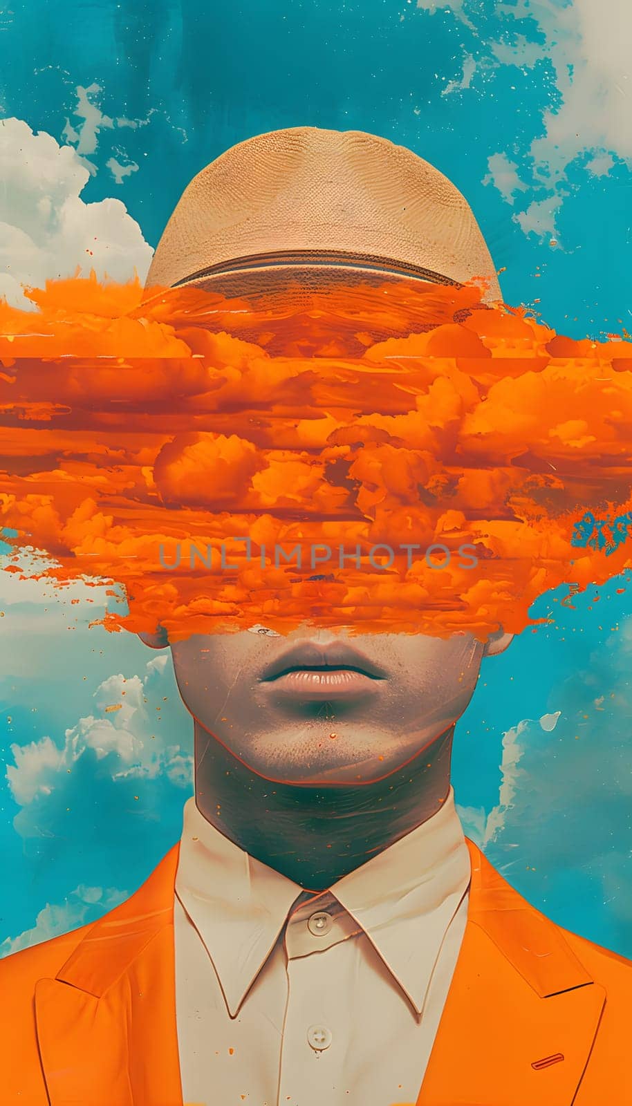 A man with an orange suit and hat in a Chin hairstyle is painting orange clouds with electric blue paint. This happy visual arts piece creates an eyecatching world of art