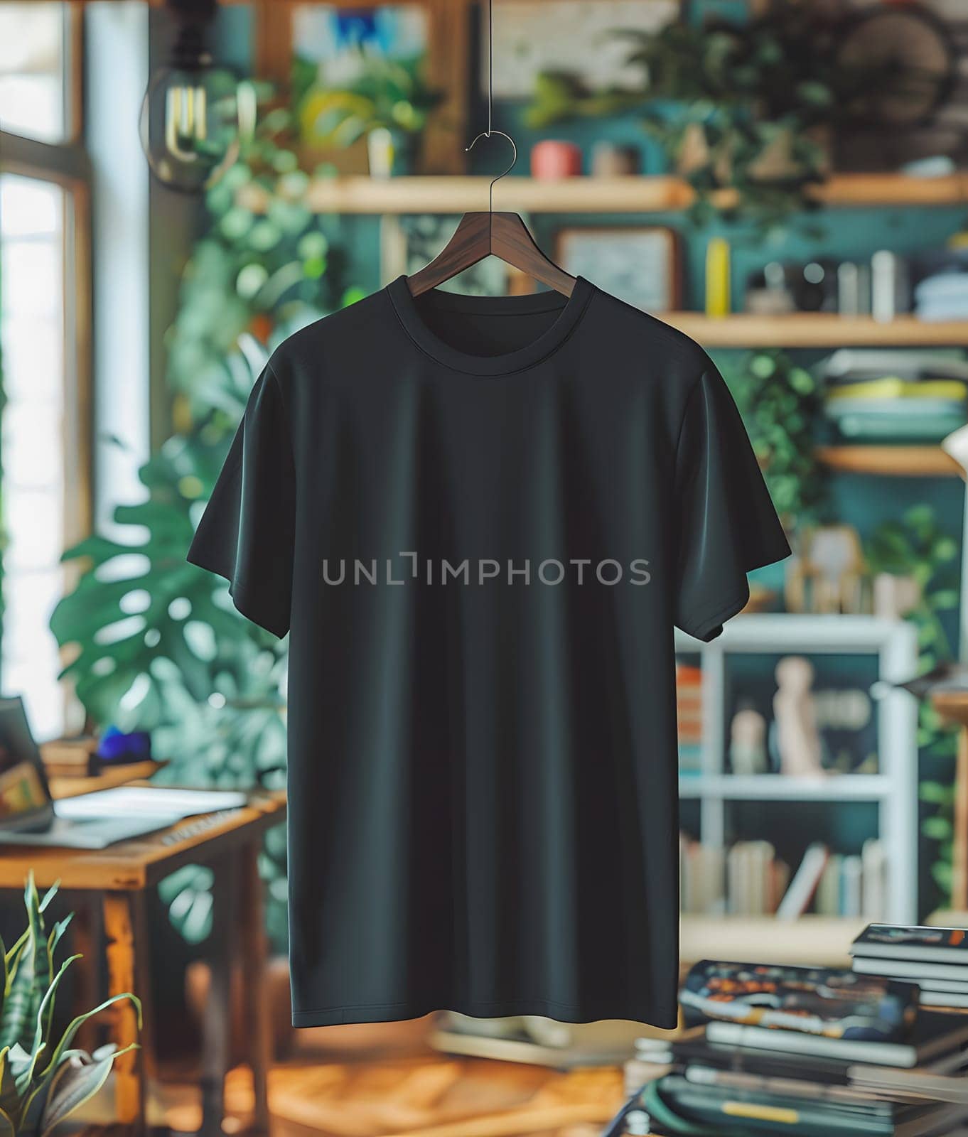 A black tshirt with an electric blue pattern is displayed on a clothes hanger in a living room. The fashion design is perfect for a city event or sportswear