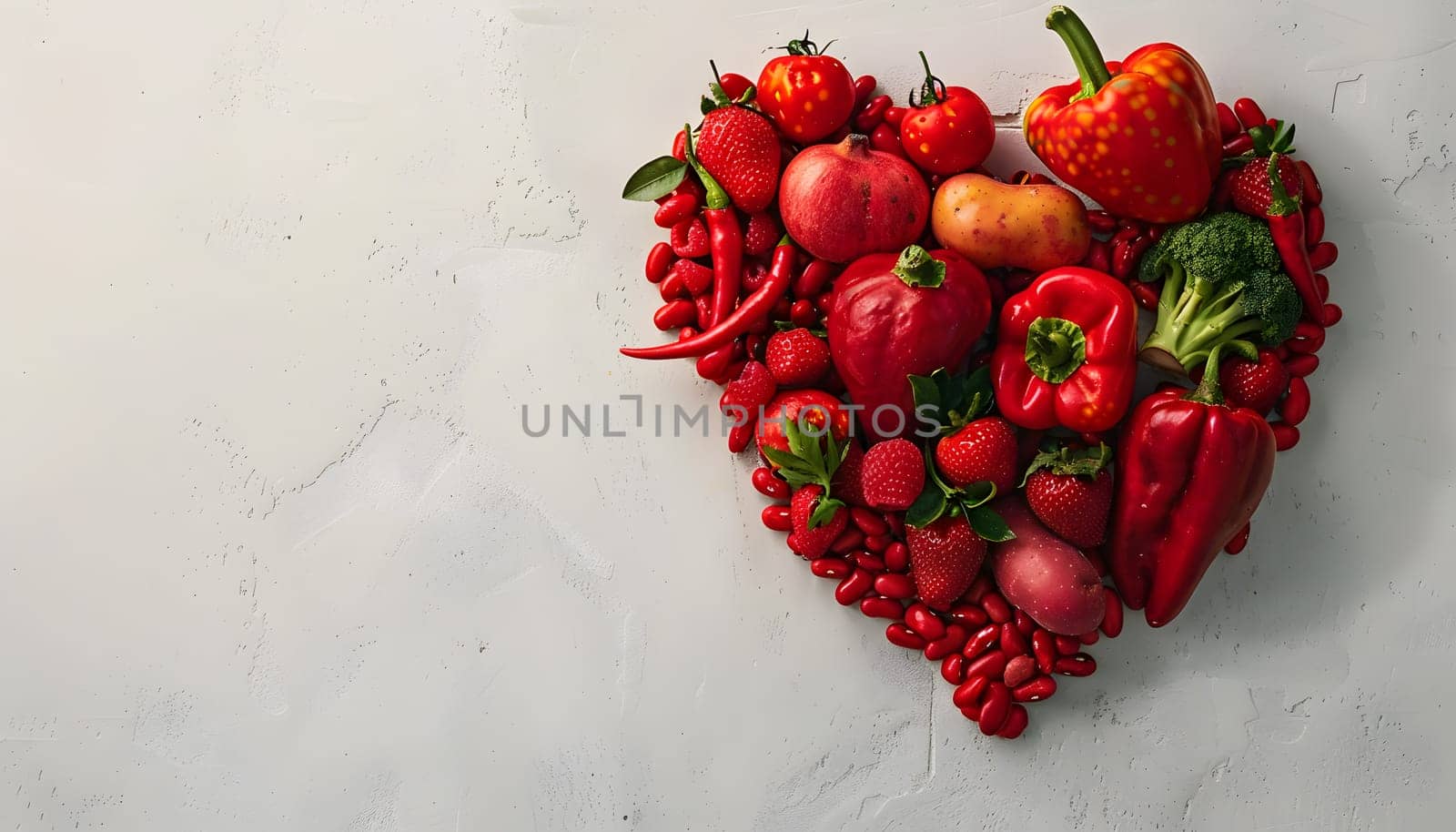 Heartshaped arrangement of red fruits veggies on white surface by Nadtochiy