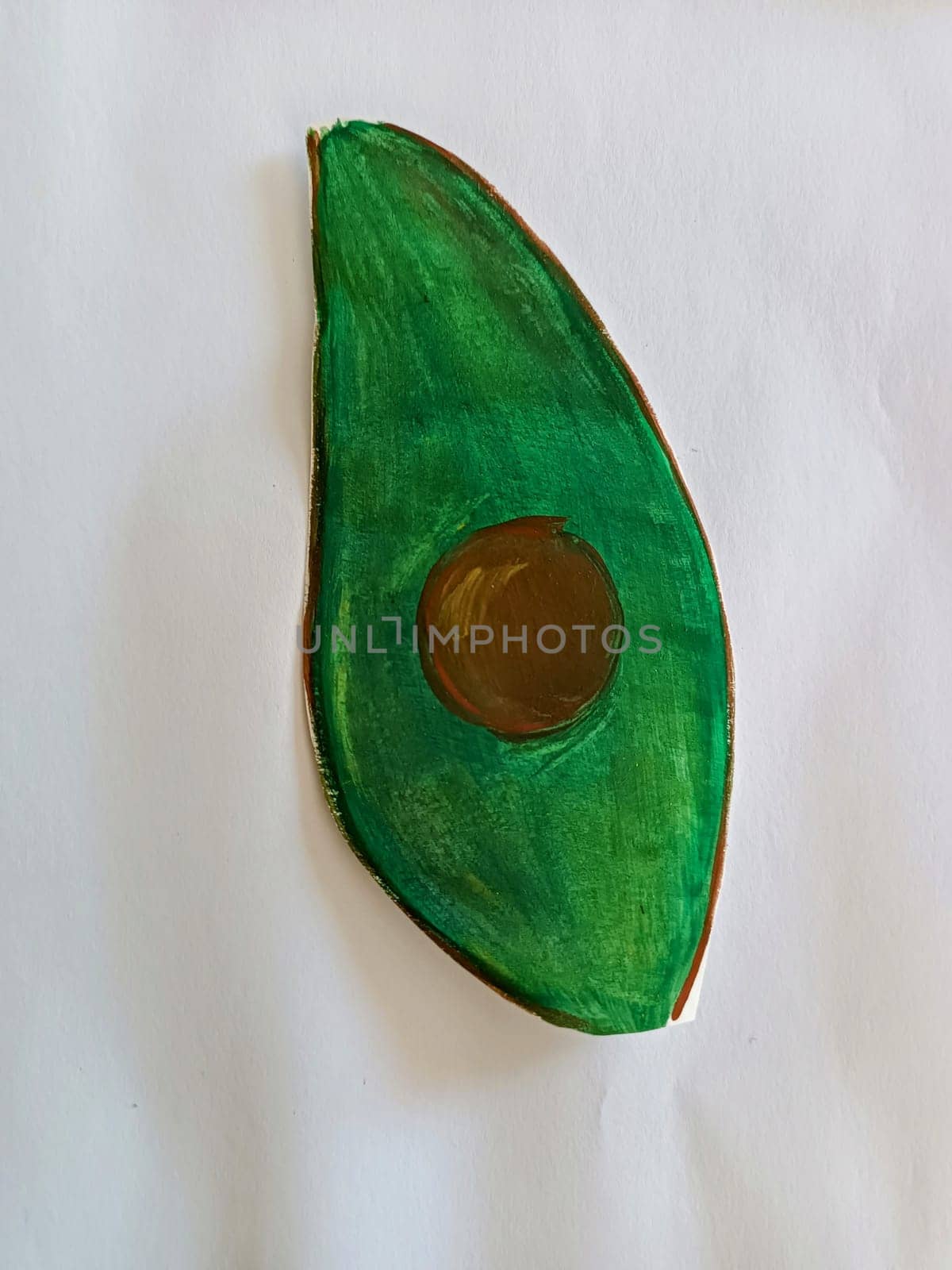 Green avocado drawing on white paper with shadows gouache paints. High quality photo. master classes, drawing lessons