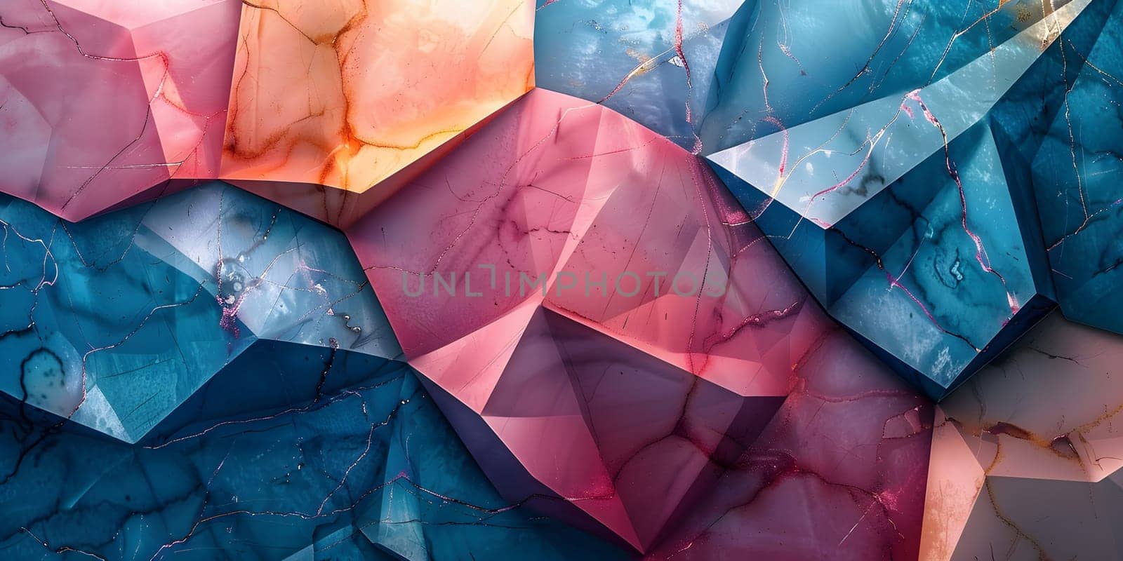 A closeup of a vibrant geometric pattern featuring triangles in electric blue and magenta shades. The symmetrical design creates a striking visual art display on the wall