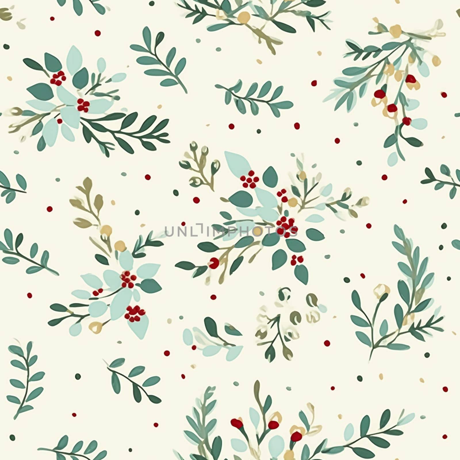 Seamless holiday pattern, tileable botanical English holly, winterberry Christmas branch country print for wallpaper, wrapping paper, scrapbook, fabric and product design by Anneleven