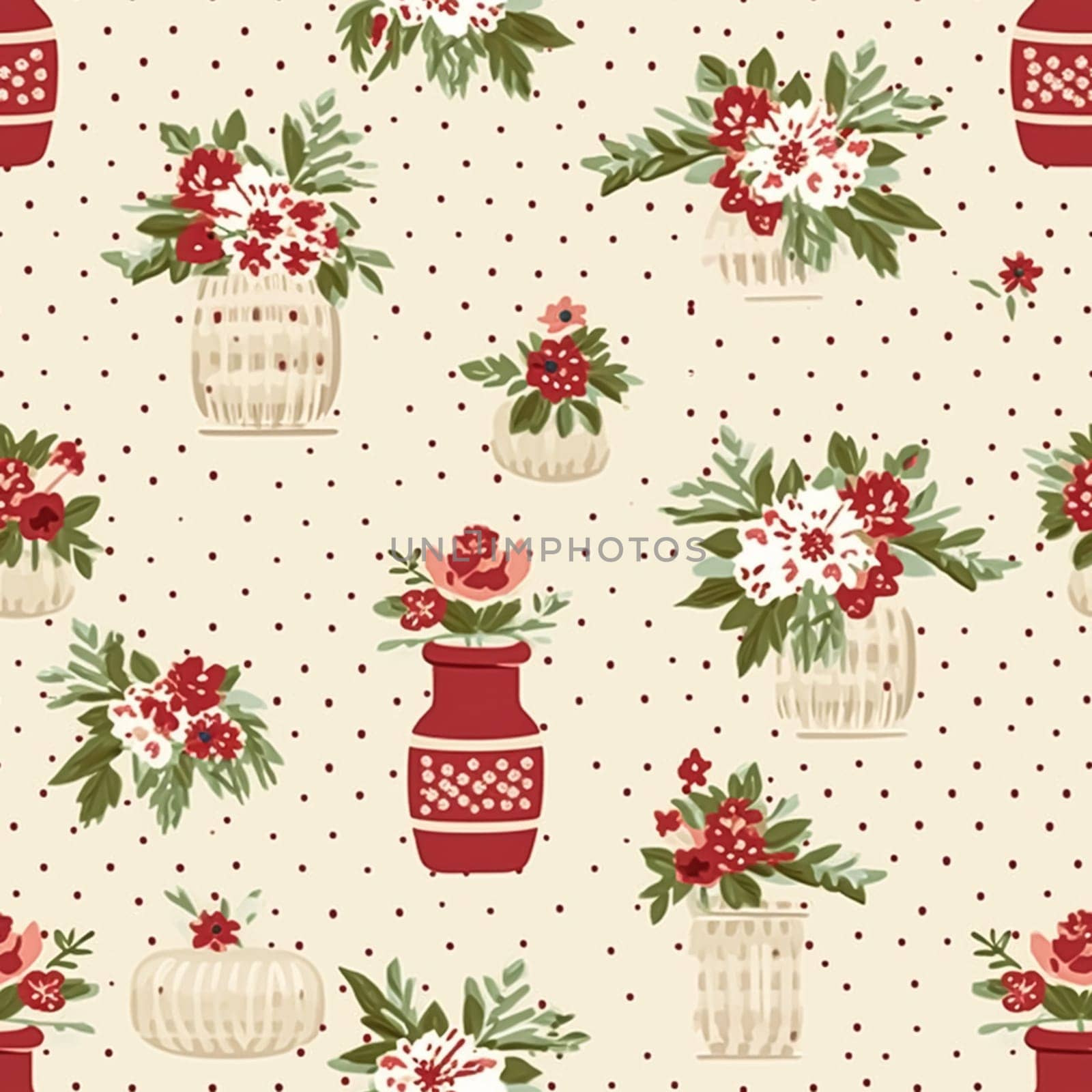 Seamless pattern, tileable holiday flowers in vase, country dots print for wallpaper, wrapping paper, scrapbook, fabric and product design motif