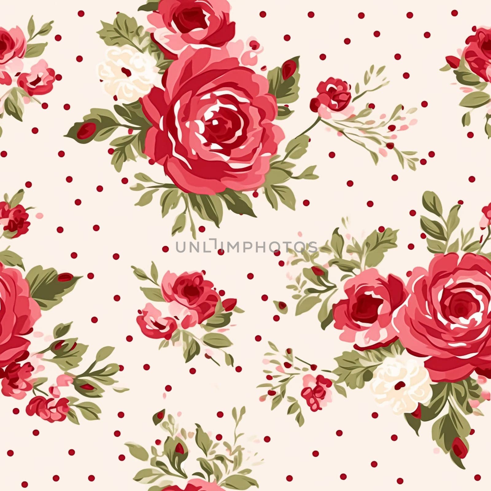 Seamless pattern, tileable floral country holiday print with roses, dots and flowers for wallpaper, wrapping paper, scrapbook, fabric and polka dot roses product design by Anneleven