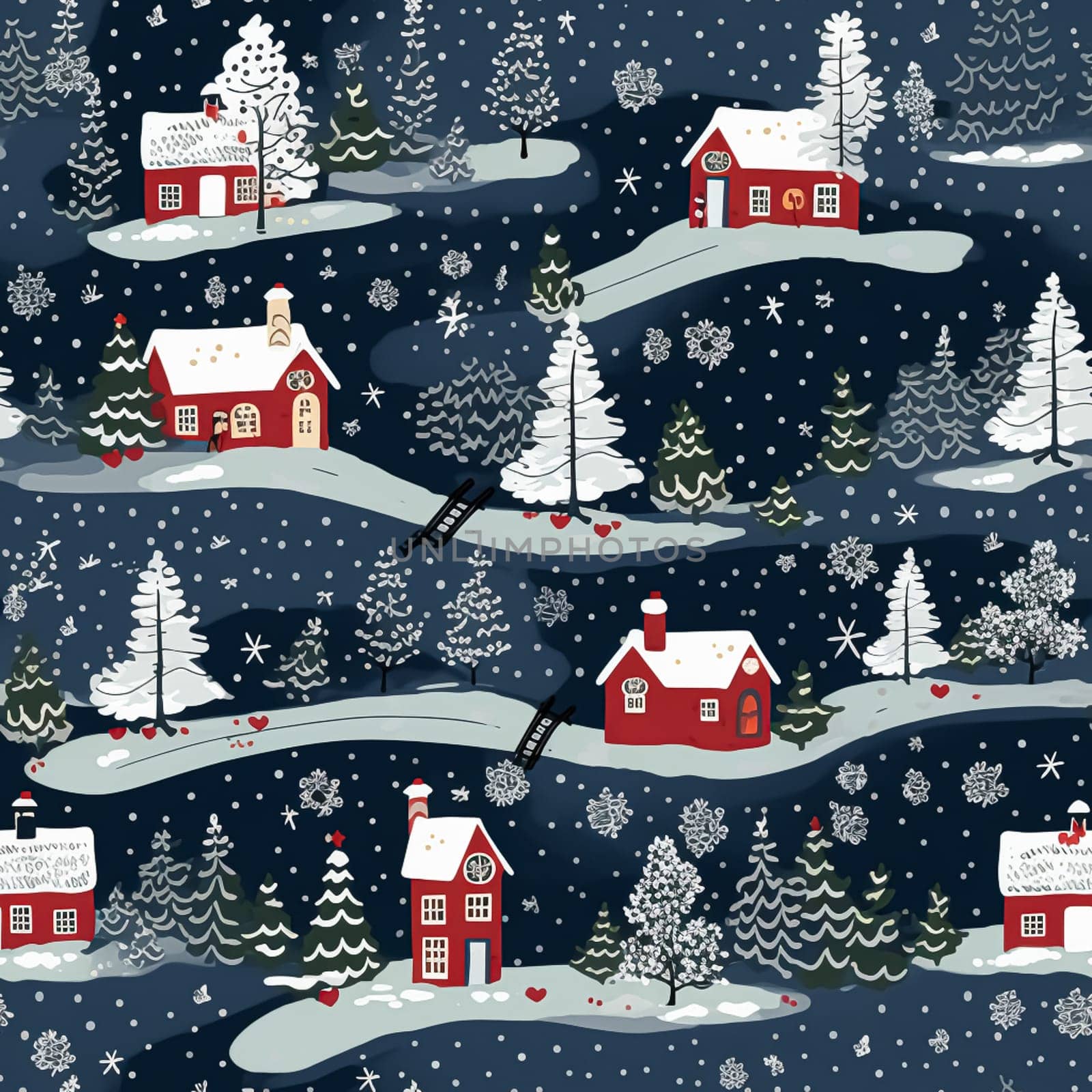 Seamless pattern, tileable Christmas holiday night country snow dots print, English countryside cottage for wallpaper, wrapping paper, scrapbook, fabric and product design by Anneleven