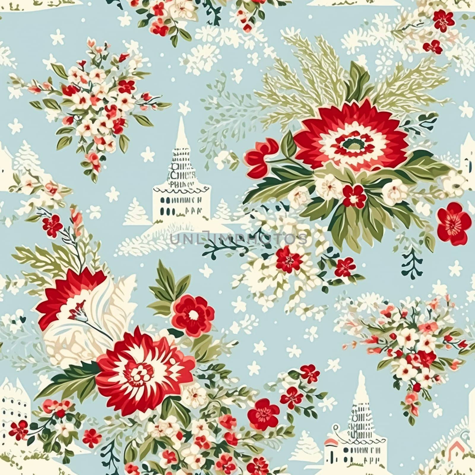 Seamless pattern, tileable Christmas holiday country house, floral dots print, English countryside for wallpaper, wrapping paper, scrapbook, fabric and product design by Anneleven