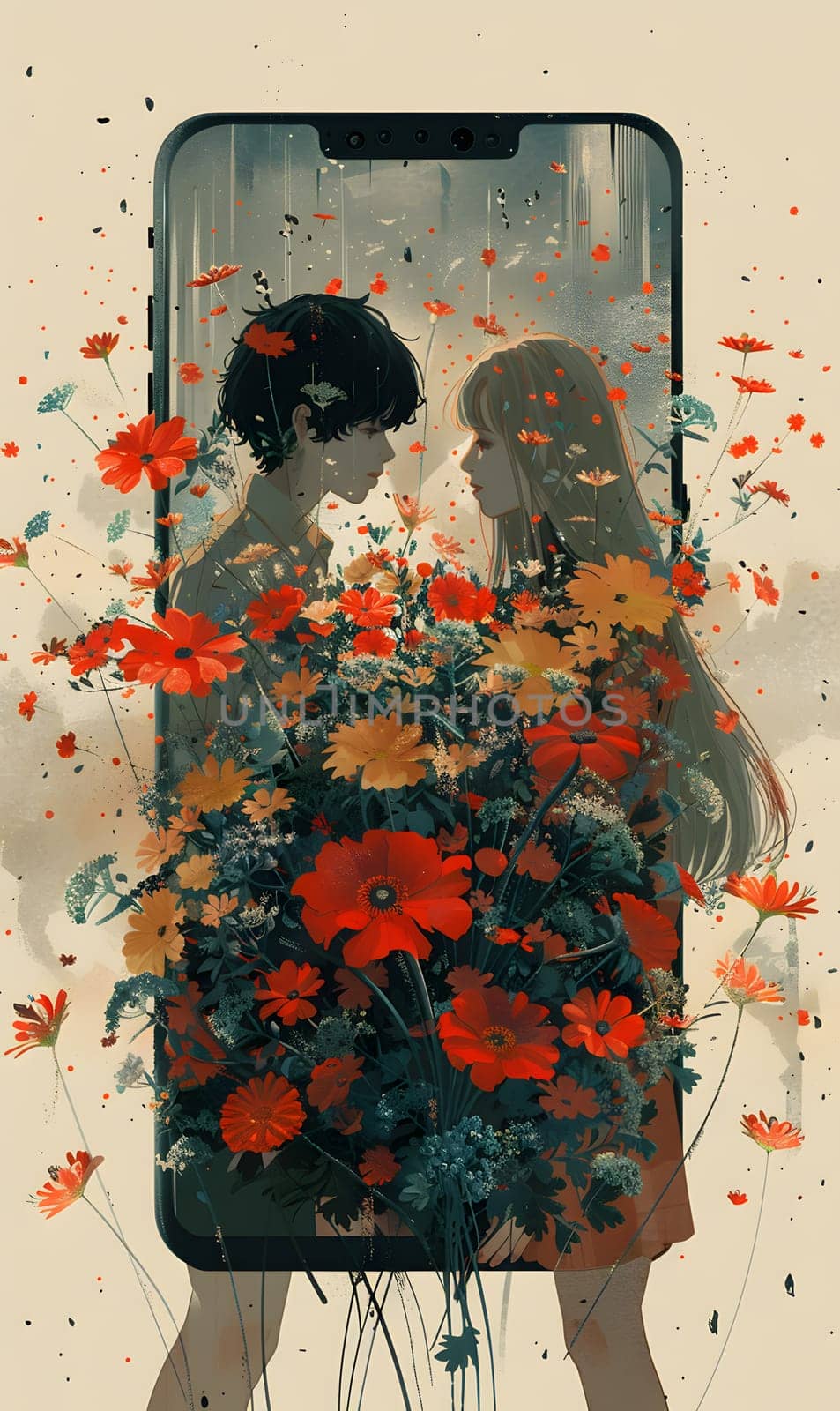 A man and a woman admire a beautiful bouquet of flowers spilling out of a phone by Nadtochiy