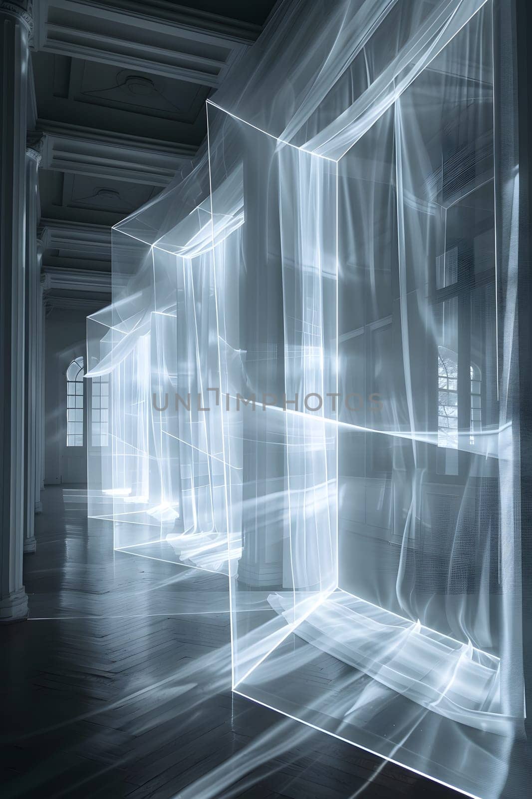 A striking monochrome photograph of a hallway with bright lights pouring out of windows, creating a symmetrical pattern of rectangles in electric blue hues