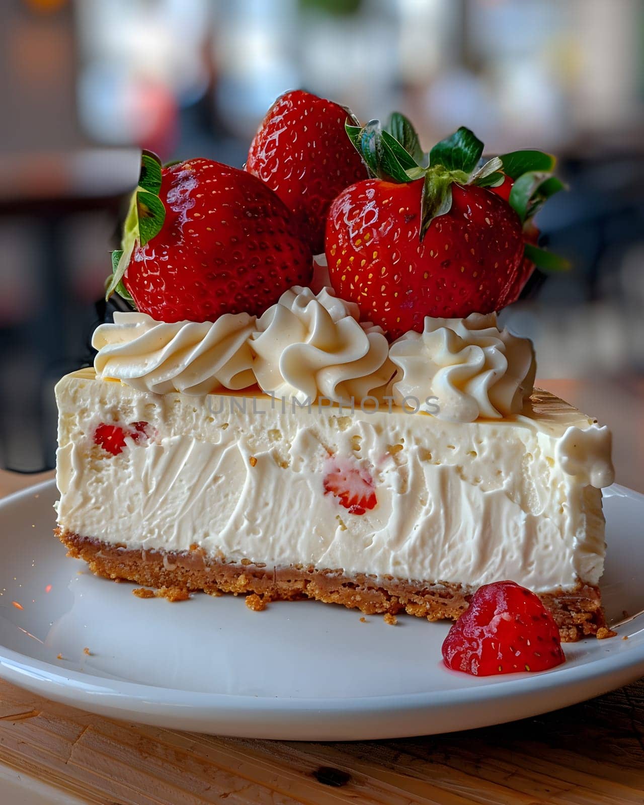 Decadent cheesecake topped with whipped cream and fresh strawberries by Nadtochiy