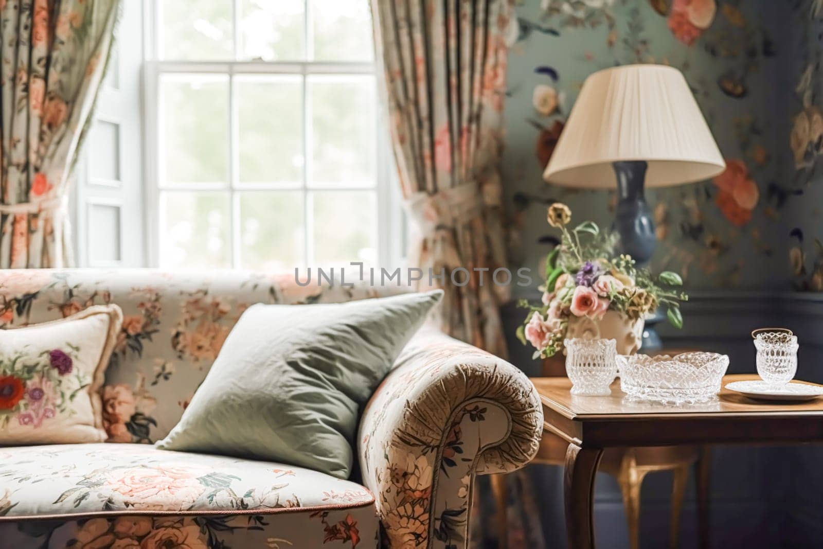 Cottage sitting room decor, interior design and house improvement, living room furniture, sofa and home decor in English country house style, post-processed, generative ai