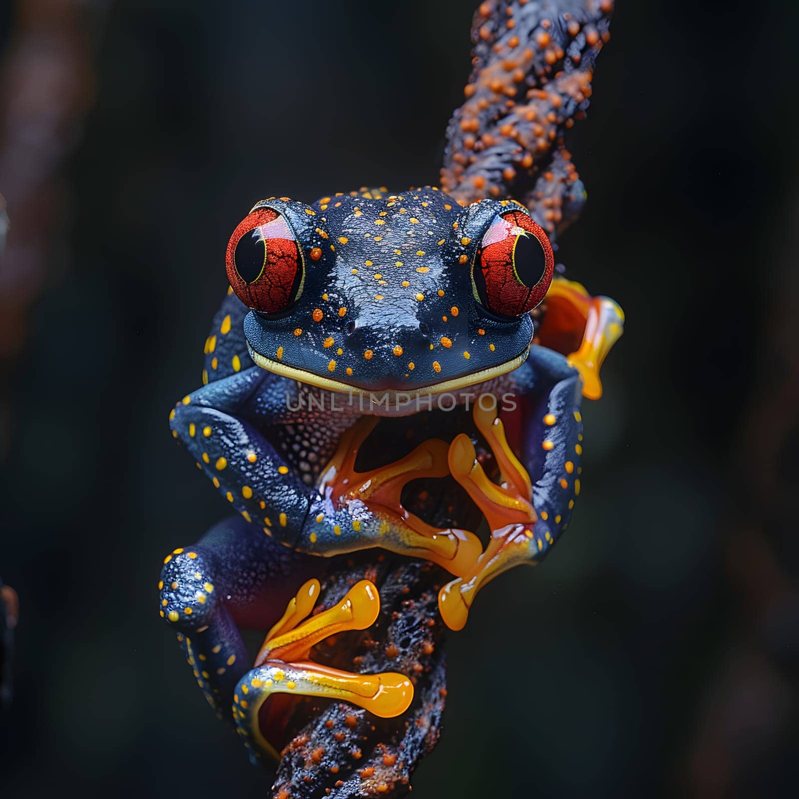 An electric blueeyed frog, a true frog amphibian, is perched on a rope in wildlife. This terrestrial animal with striking red irises is captured in stunning macro photography