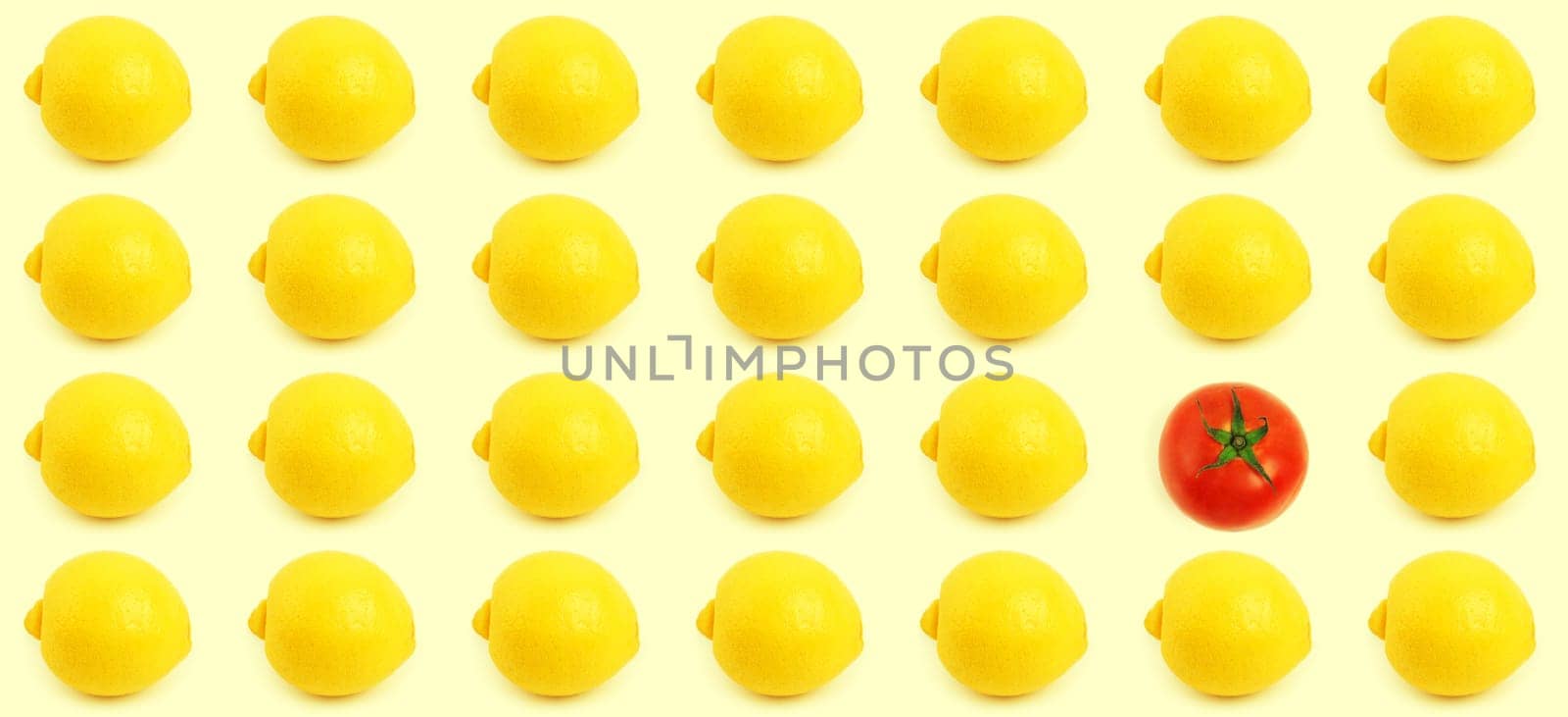 Food, lemon and tomato on background or wallpaper for healthy eating, wellness and vegetarian diet. Creative pattern, yellow and citrus, fruit and vegetables for nutrition, wellbeing and vegan dinner.