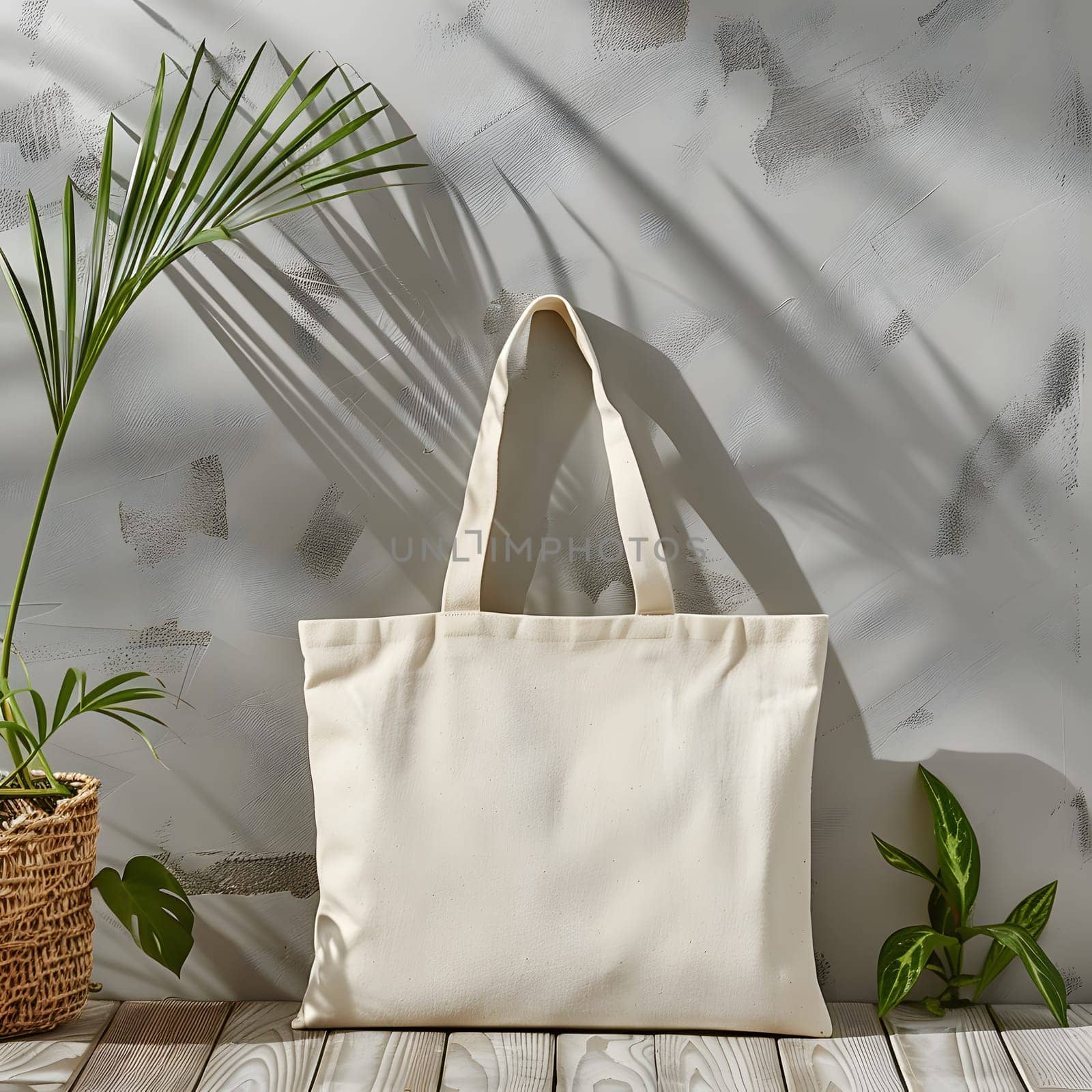 White tote bag next to potted plant on wooden table by Nadtochiy