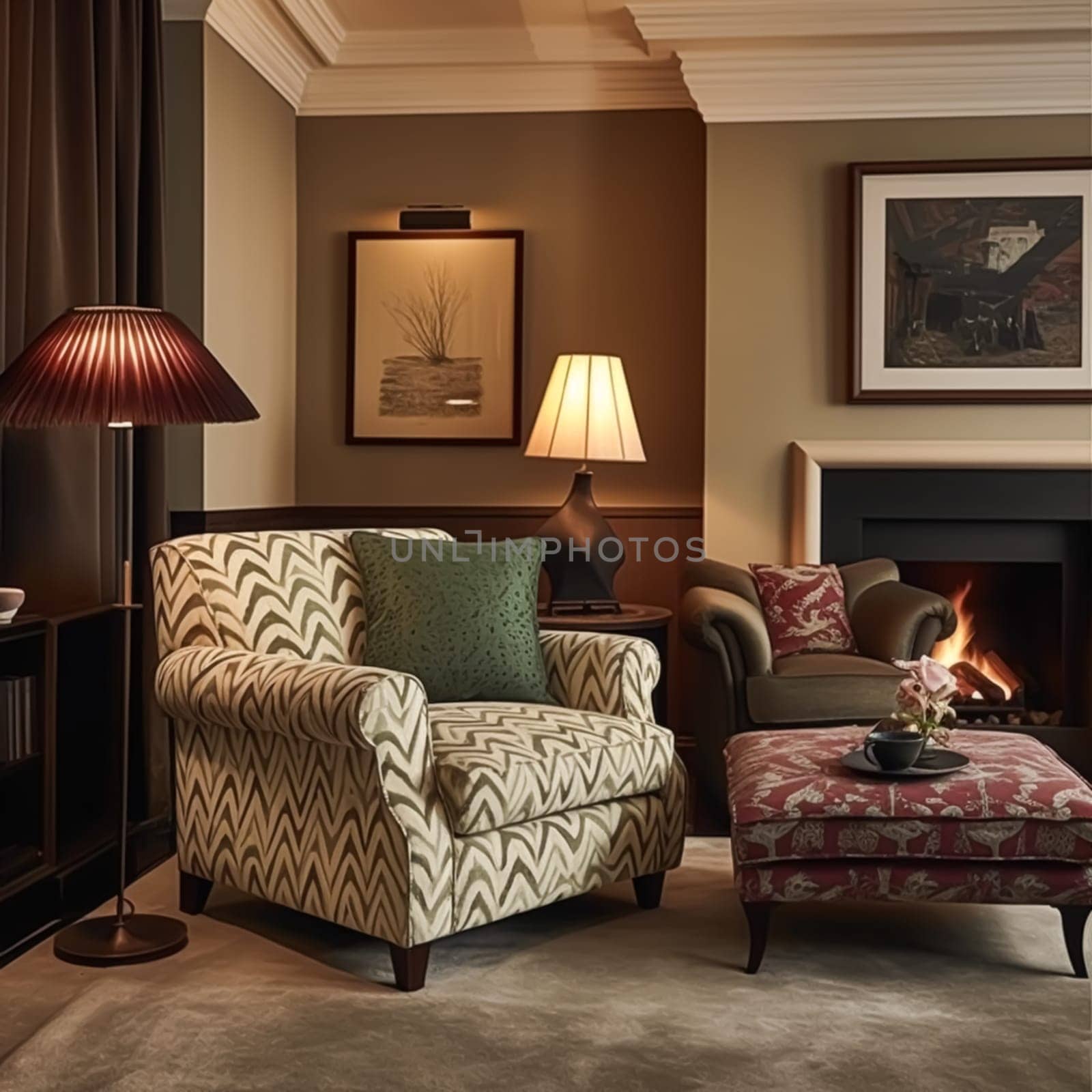 Modern classic sitting room decor, interior design and house improvement, living room furniture, armchair and home decor in English country house and elegant cottage style, post-processed, generative ai