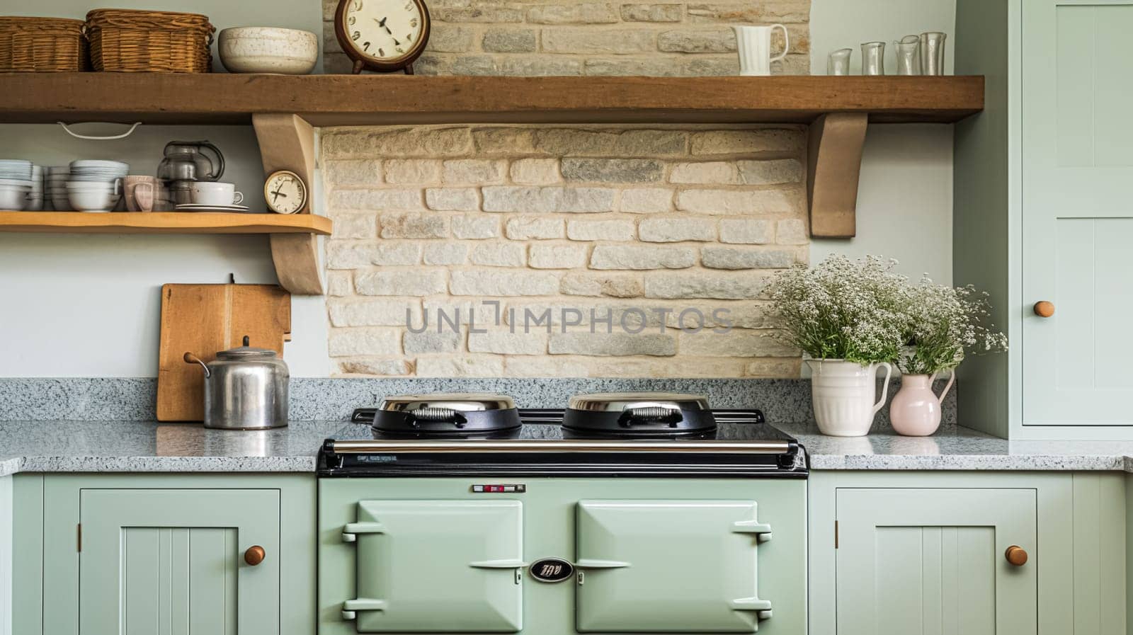 Mint cottage kitchen interior design, home decor and house improvement, English in frame kitchen cabinets in a country house by Anneleven