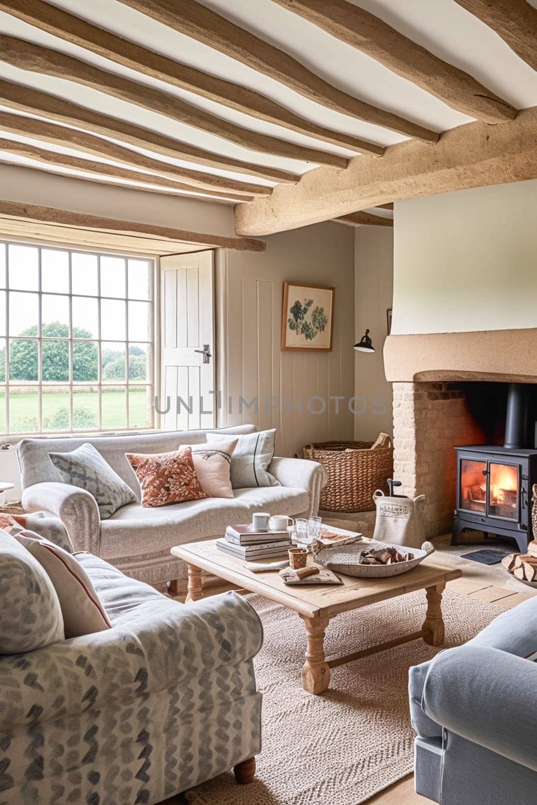 Cottage interior with modern design and antique furniture, home decor, sitting room and living room, sofa and fireplace in English country house and countryside style by Anneleven