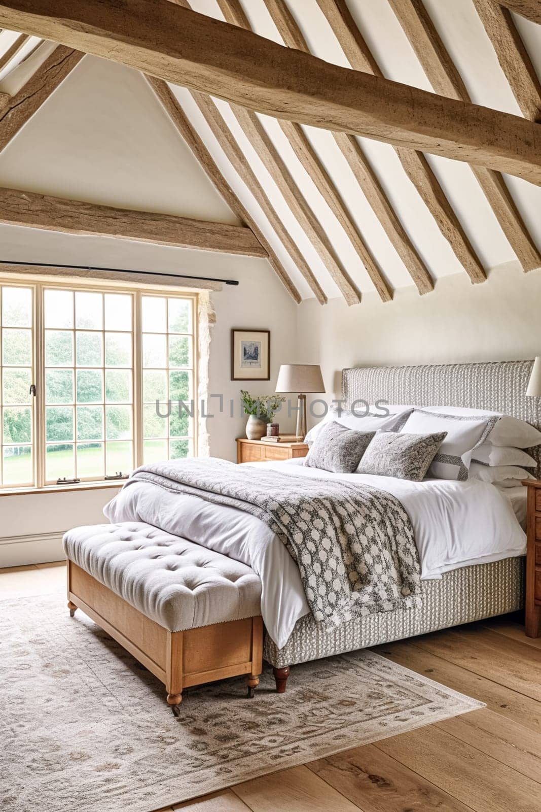 Cottage style bedroom decor, interior design and home decor, bed with elegant bedding and bespoke furniture, English country house or holiday rental interiors