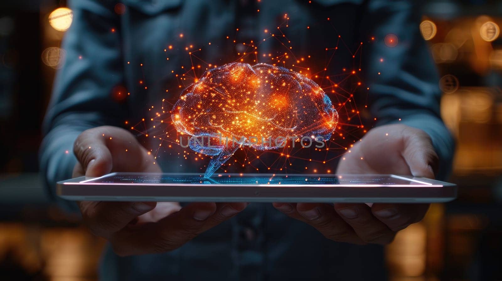 A person is holding a tablet with a brain image on it, Generative AI.