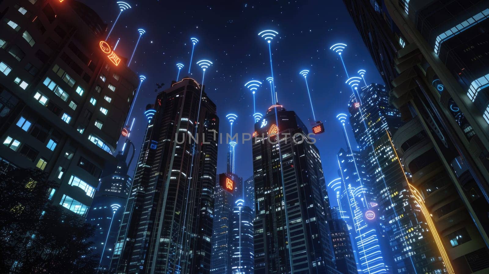 A cityscape with many buildings and a lot of Wi-Fi signals, Generative AI.