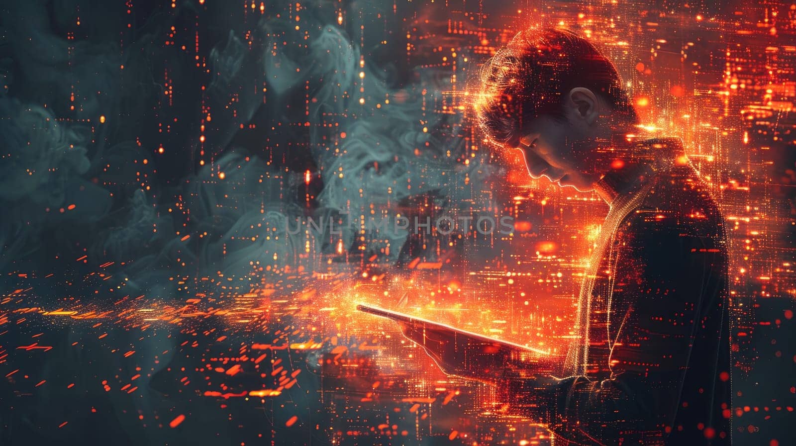 A man is looking at a tablet in a fiery, chaotic environment, Generative AI.