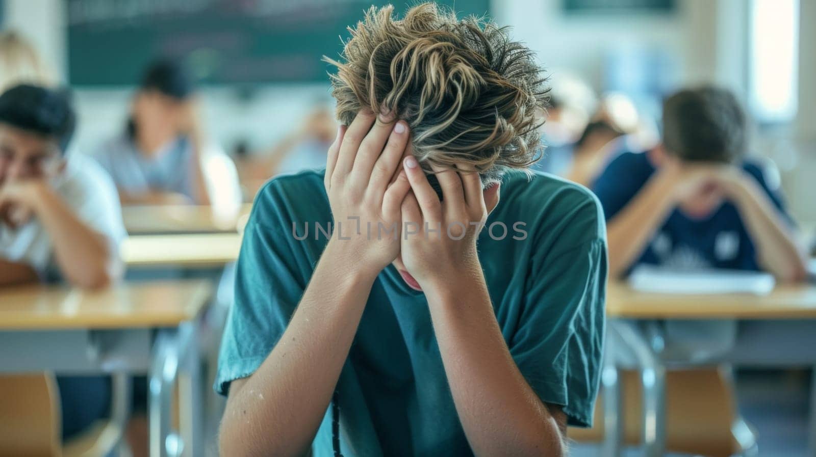 Sad teenage student covering his face with hands in the classroom during an exam.