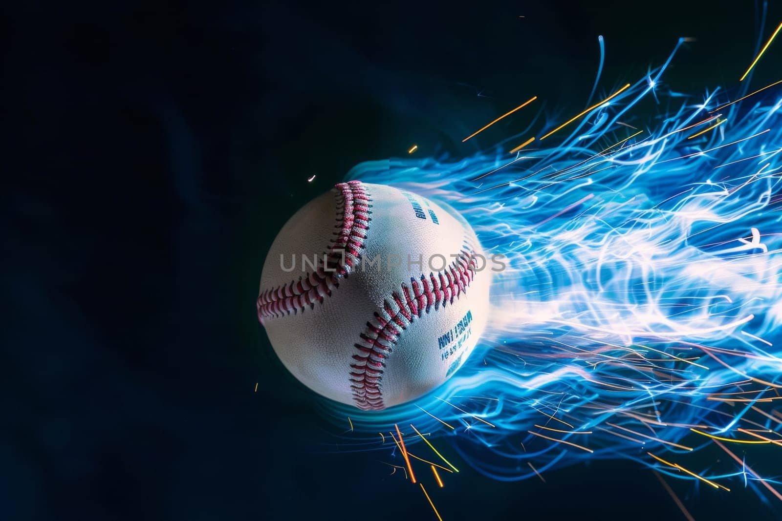 Baseball flying fast with electric blue trailing isolated on black background.